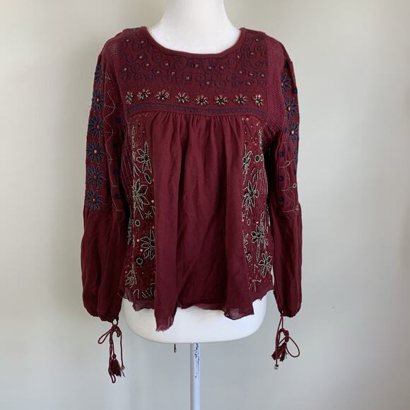 Free People Huh Fancy Peasant Blouse Top XS Burgundy Red Embroidered Mirror Bead - Picture 3 of 11